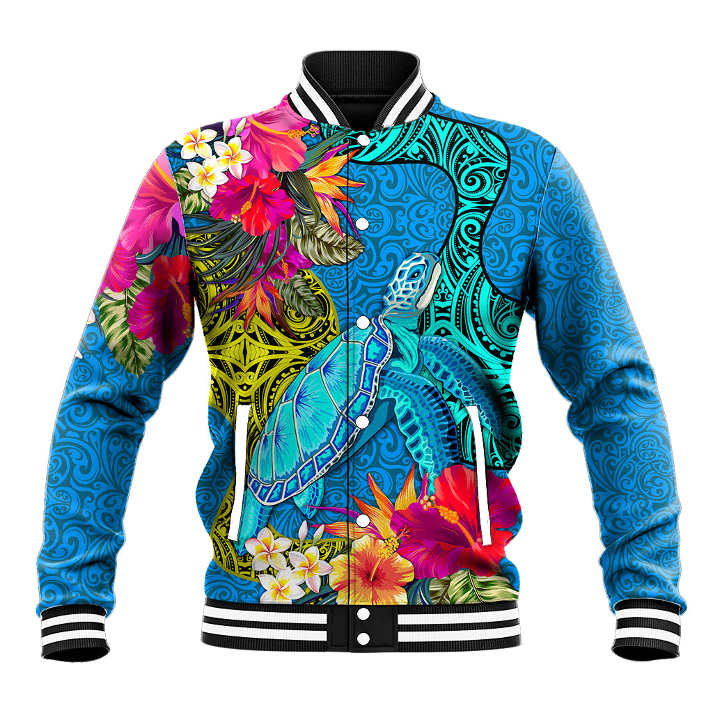 Polynesian Baseball Jacket The Turtle Jung Flower with Maori Pattern Ethnic Style LT03 Unisex Blue - Polynesian Pride