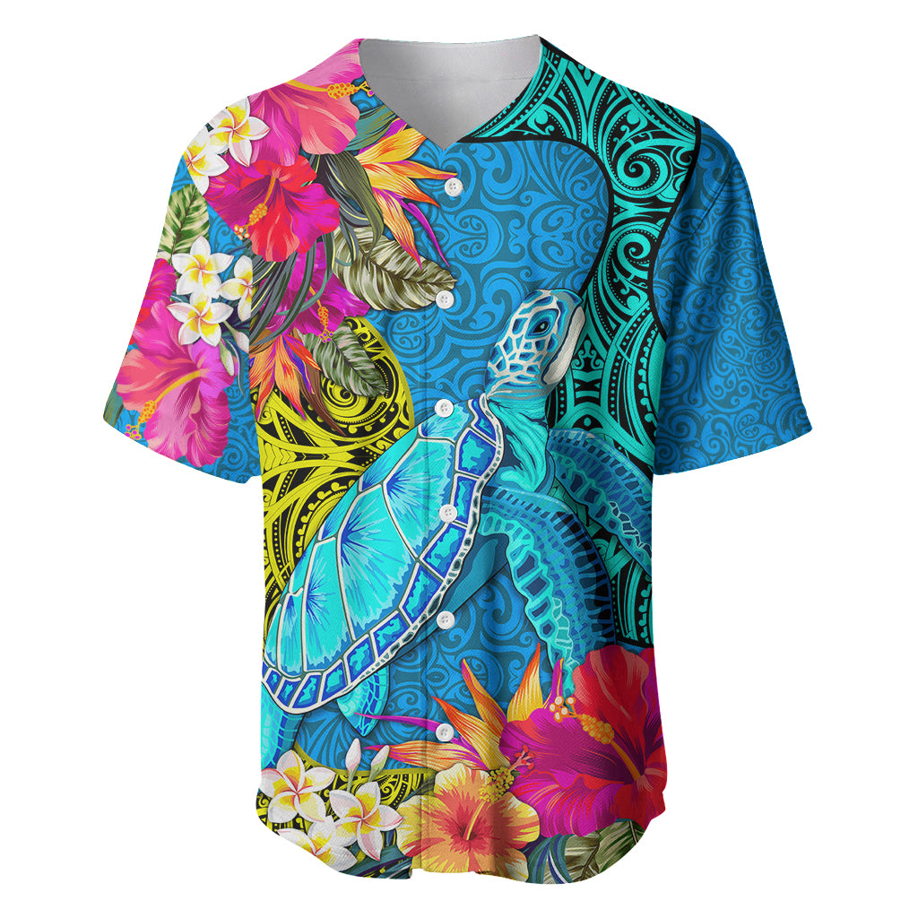 Polynesian Baseball Jersey The Turtle Jung Flower with Maori Pattern Ethnic Style LT03 Blue - Polynesian Pride