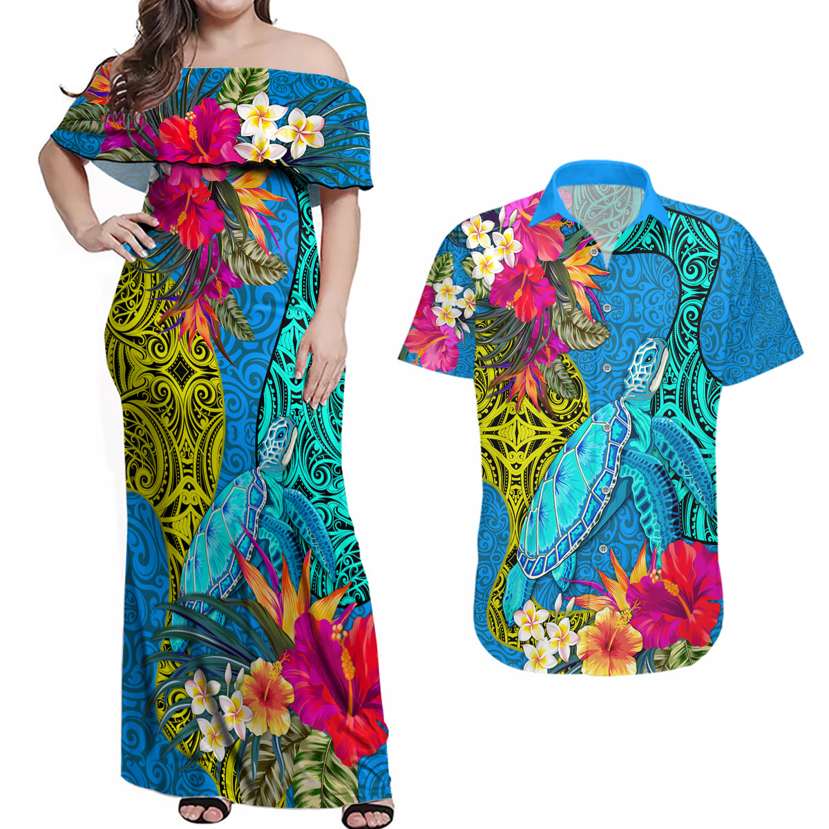 Polynesian Couples Matching Off Shoulder Maxi Dress and Hawaiian Shirt The Turtle Jung Flower with Maori Pattern Ethnic Style LT03 Blue - Polynesian Pride