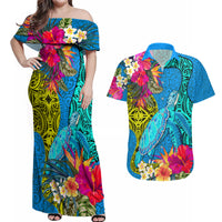 Polynesian Couples Matching Off Shoulder Maxi Dress and Hawaiian Shirt The Turtle Jung Flower with Maori Pattern Ethnic Style LT03 Blue - Polynesian Pride