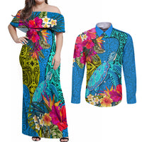 polynesian-couples-matching-off-shoulder-maxi-dress-and-long-sleeve-button-shirts-the-turtle-jung-flower-with-maori-pattern-ethnic-style