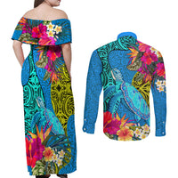 polynesian-couples-matching-off-shoulder-maxi-dress-and-long-sleeve-button-shirts-the-turtle-jung-flower-with-maori-pattern-ethnic-style