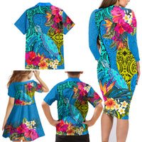 Polynesian Family Matching Long Sleeve Bodycon Dress and Hawaiian Shirt The Turtle Jung Flower with Maori Pattern Ethnic Style LT03 - Polynesian Pride