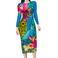 Polynesian Family Matching Long Sleeve Bodycon Dress and Hawaiian Shirt The Turtle Jung Flower with Maori Pattern Ethnic Style LT03 Mom's Dress Blue - Polynesian Pride