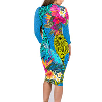 Polynesian Family Matching Long Sleeve Bodycon Dress and Hawaiian Shirt The Turtle Jung Flower with Maori Pattern Ethnic Style LT03 - Polynesian Pride