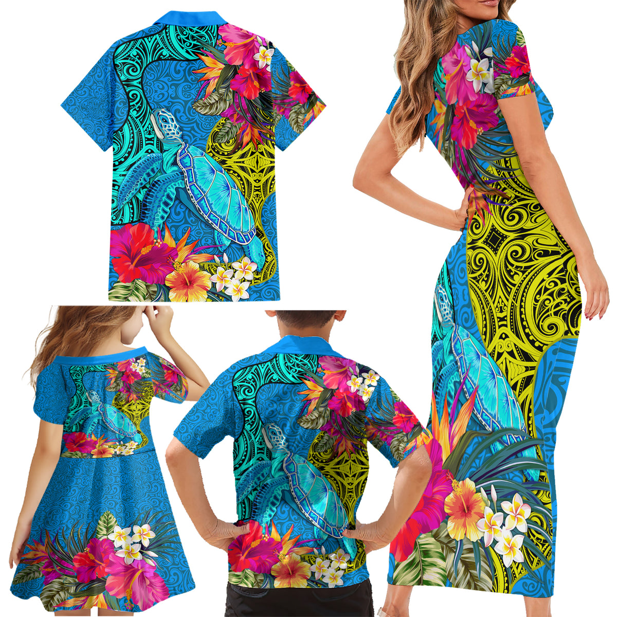Polynesian Family Matching Short Sleeve Bodycon Dress and Hawaiian Shirt The Turtle Jung Flower with Maori Pattern Ethnic Style LT03 - Polynesian Pride
