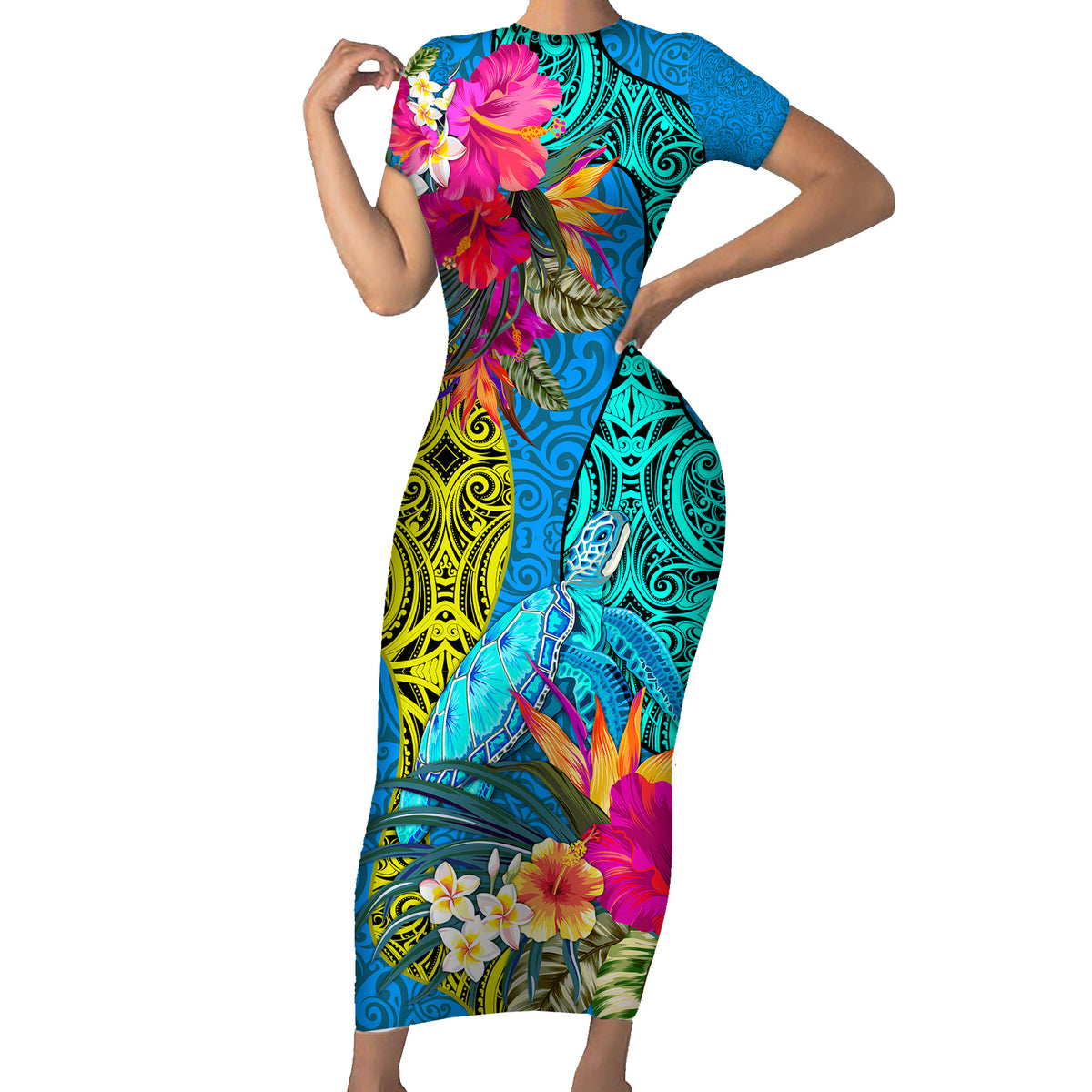 Polynesian Family Matching Short Sleeve Bodycon Dress and Hawaiian Shirt The Turtle Jung Flower with Maori Pattern Ethnic Style LT03 Mom's Dress Blue - Polynesian Pride