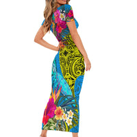 Polynesian Family Matching Short Sleeve Bodycon Dress and Hawaiian Shirt The Turtle Jung Flower with Maori Pattern Ethnic Style LT03 - Polynesian Pride