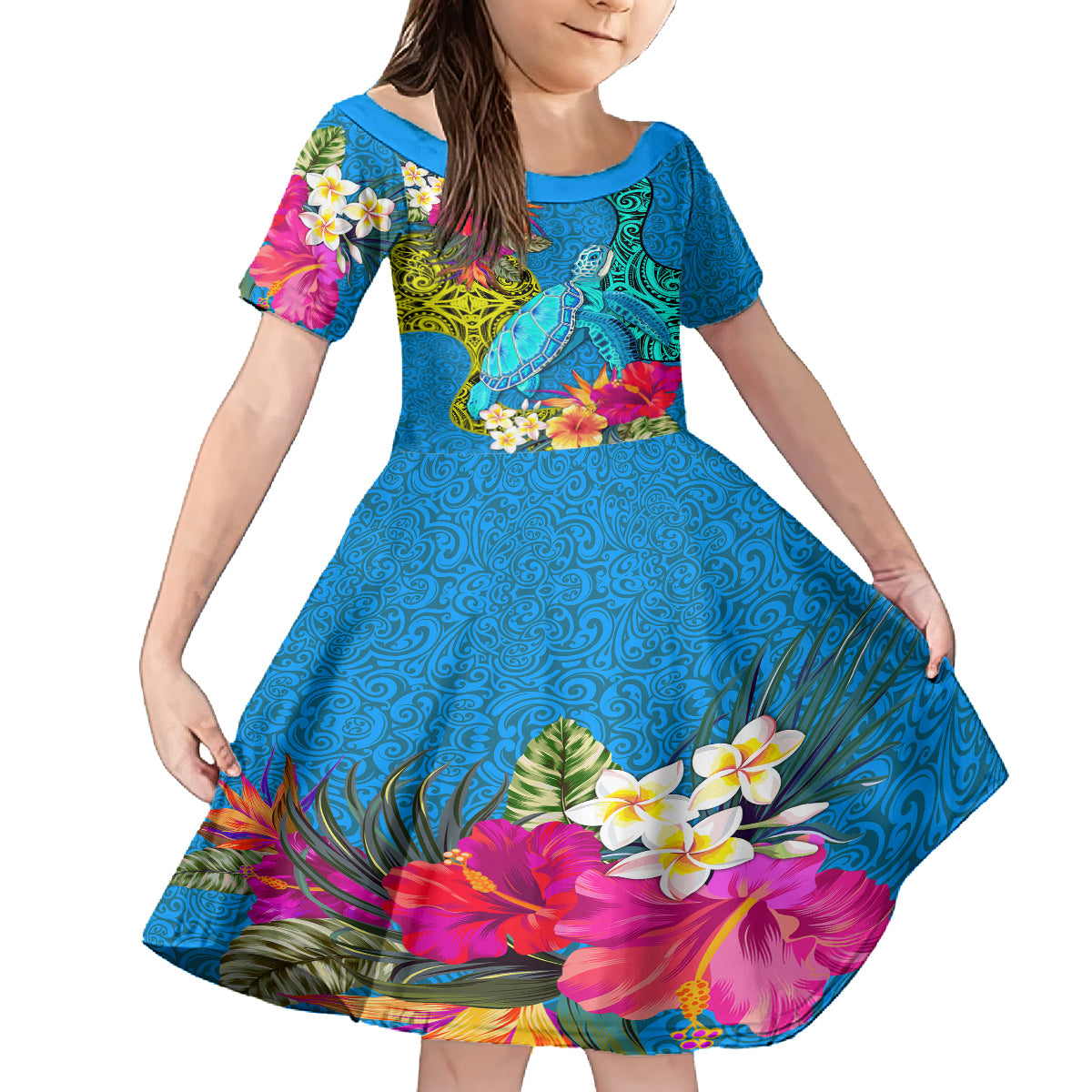 polynesian-kid-short-sleeve-dress-the-turtle-jung-flower-with-maori-pattern-ethnic-style