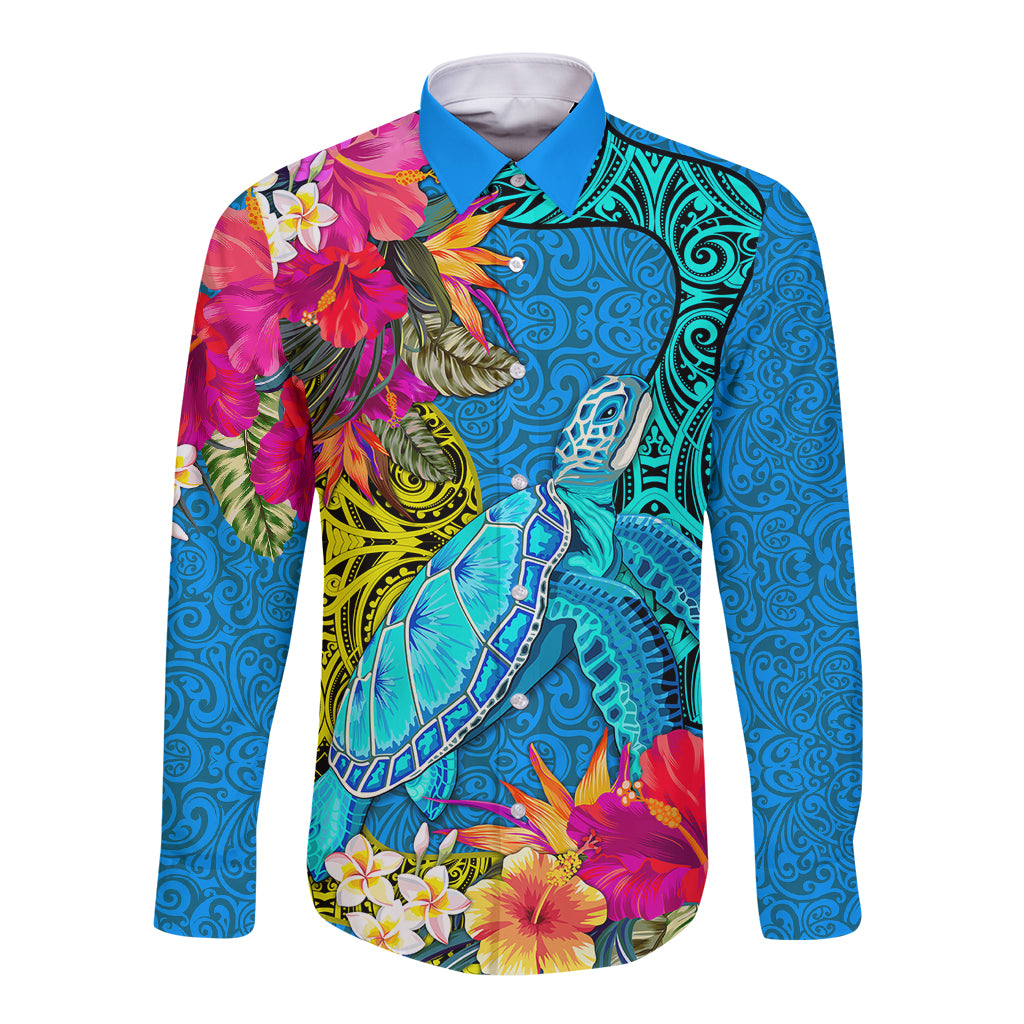 Polynesian Long Sleeve Button Shirt The Turtle Jung Flower with Maori Pattern Ethnic Style LT03 Unisex Blue - Polynesian Pride