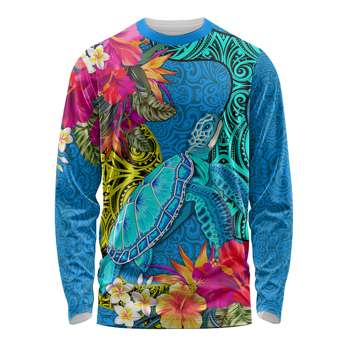 Polynesian Long Sleeve Shirt The Turtle Jung Flower with Maori Pattern Ethnic Style LT03 Unisex Blue - Polynesian Pride