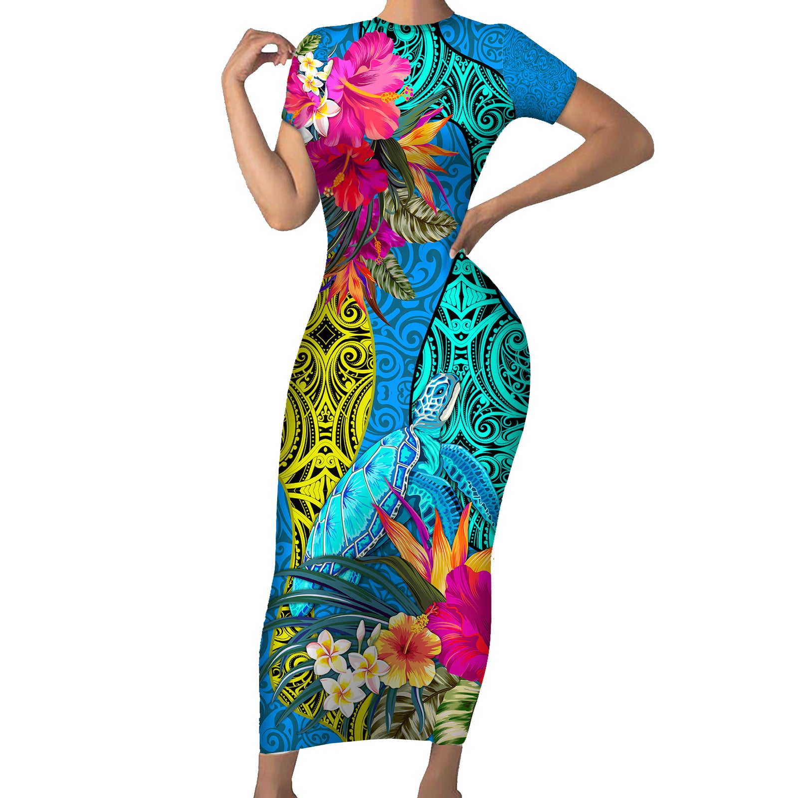 Polynesian Short Sleeve Bodycon Dress The Turtle Jung Flower with Maori Pattern Ethnic Style LT03 Long Dress Blue - Polynesian Pride