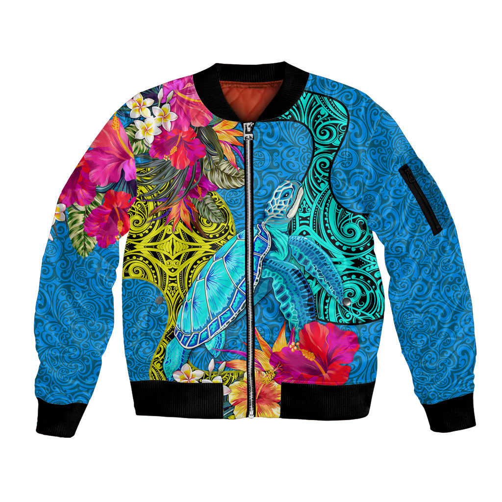 Polynesian Sleeve Zip Bomber Jacket The Turtle Jung Flower with Maori Pattern Ethnic Style LT03 Unisex Blue - Polynesian Pride