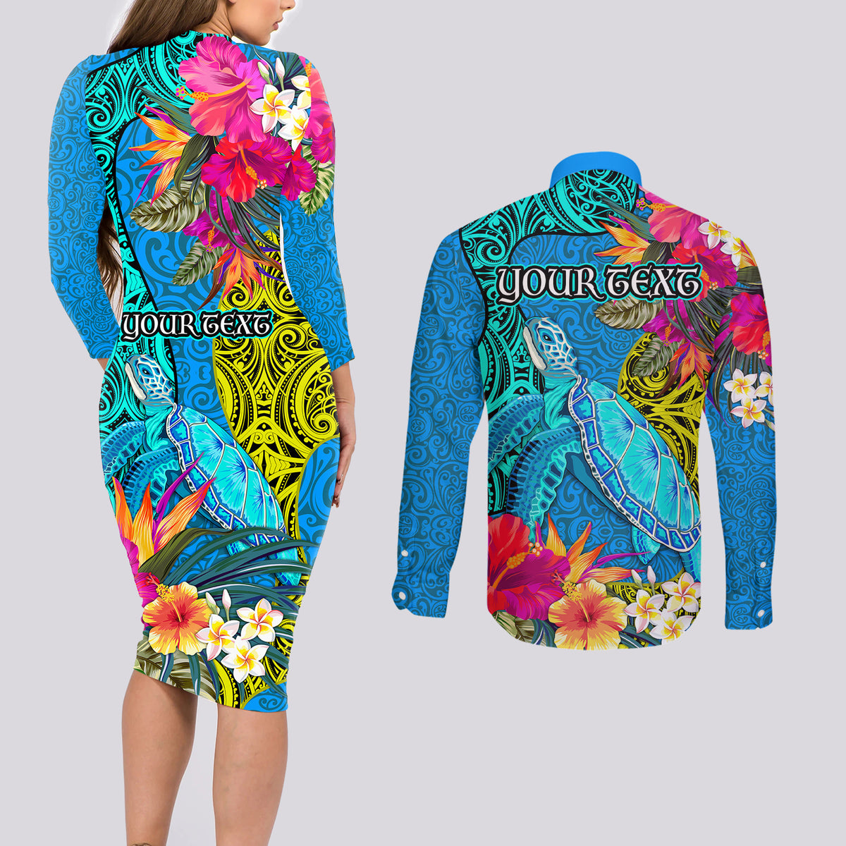 custom-polynesian-couples-matching-long-sleeve-bodycon-dress-and-long-sleeve-button-shirts-the-turtle-jung-flower-with-maori-pattern-ethnic-style