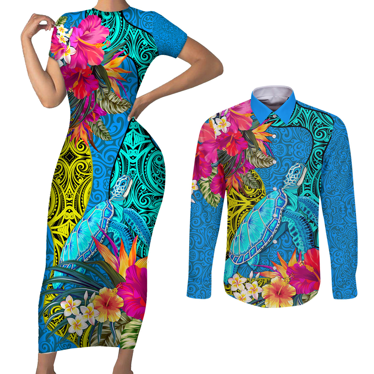 custom-polynesian-couples-matching-short-sleeve-bodycon-dress-and-long-sleeve-button-shirts-the-turtle-jung-flower-with-maori-pattern-ethnic-style