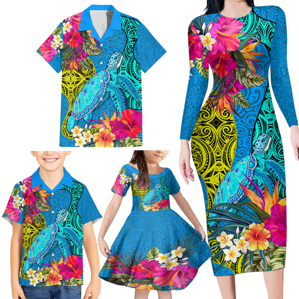 Custom Polynesian Family Matching Long Sleeve Bodycon Dress and Hawaiian Shirt The Turtle Jung Flower with Maori Pattern Ethnic Style LT03 - Polynesian Pride