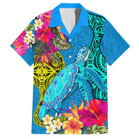 Custom Polynesian Family Matching Long Sleeve Bodycon Dress and Hawaiian Shirt The Turtle Jung Flower with Maori Pattern Ethnic Style LT03 Dad's Shirt - Short Sleeve Blue - Polynesian Pride