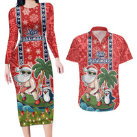 Hawaii Christmas Couples Matching Long Sleeve Bodycon Dress and Hawaiian Shirt The Santa Surfing Hawaii Xmas Style LT03 Red - Polynesian Pride