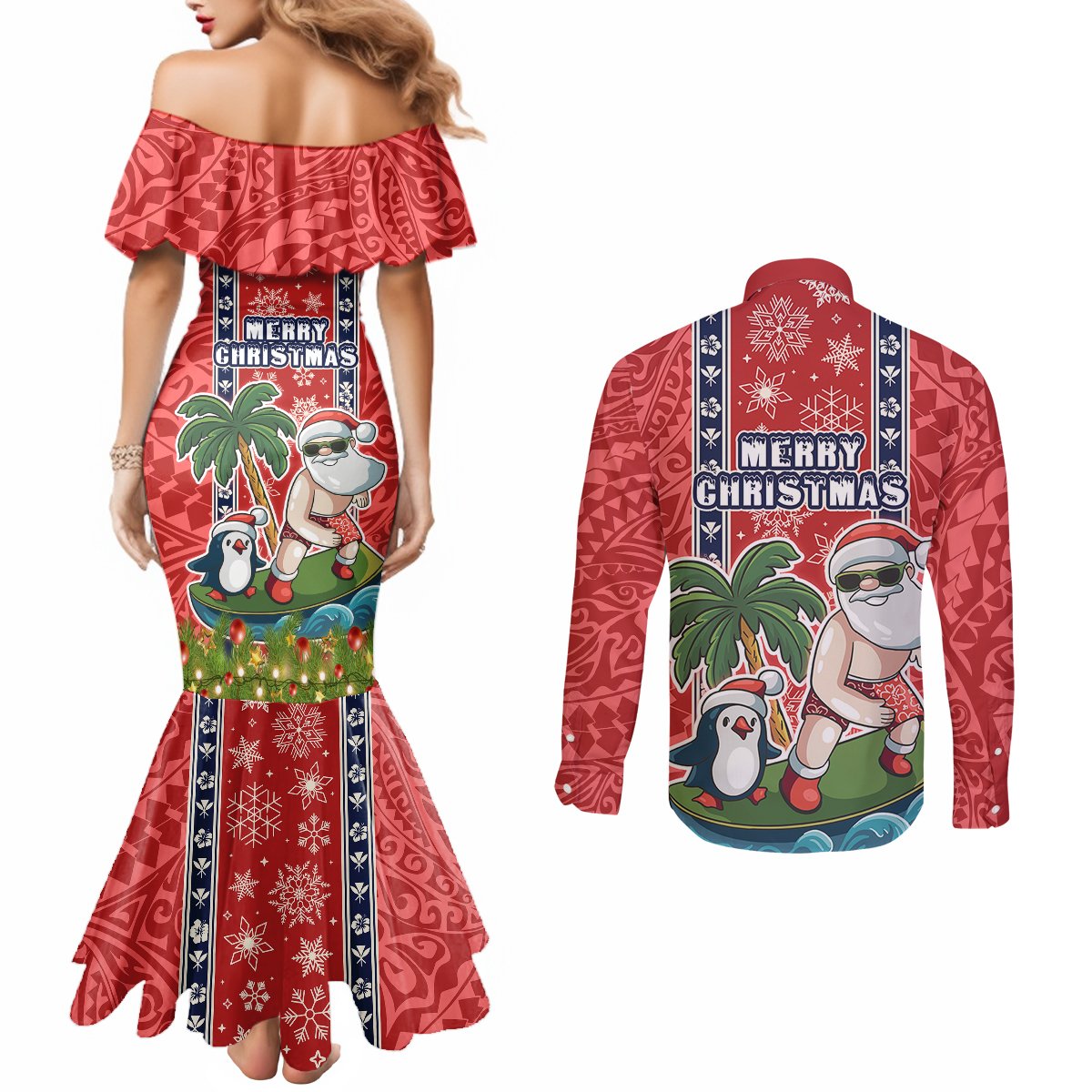 hawaii-christmas-couples-matching-mermaid-dress-and-long-sleeve-button-shirts-the-santa-surfing-hawaii-xmas-style