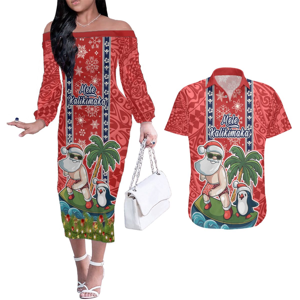 Hawaii Christmas Couples Matching Off The Shoulder Long Sleeve Dress and Hawaiian Shirt The Santa Surfing Hawaii Xmas Style LT03 Red - Polynesian Pride