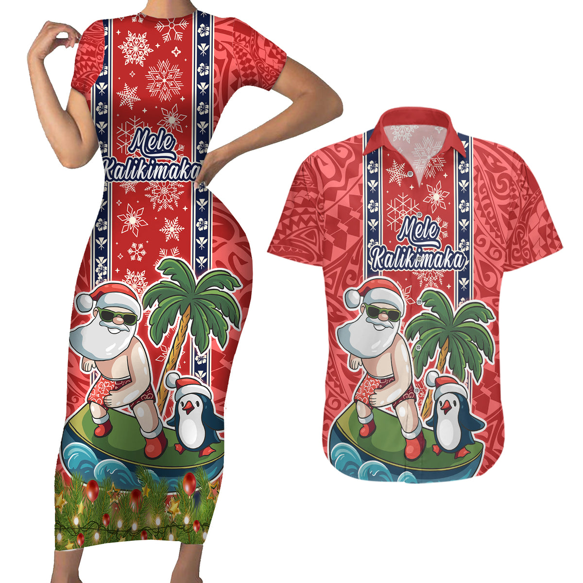 Hawaii Christmas Couples Matching Short Sleeve Bodycon Dress and Hawaiian Shirt The Santa Surfing Hawaii Xmas Style LT03 Red - Polynesian Pride