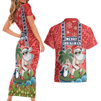 Hawaii Christmas Couples Matching Short Sleeve Bodycon Dress and Hawaiian Shirt The Santa Surfing Hawaii Xmas Style LT03 - Polynesian Pride