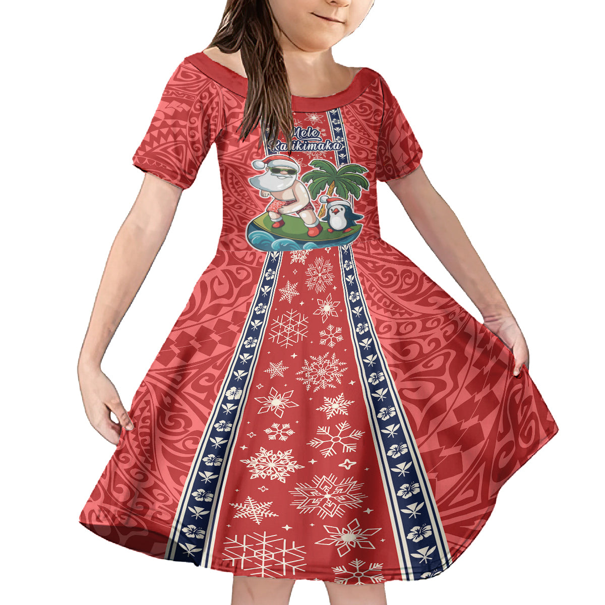 Hawaii Christmas Family Matching Long Sleeve Bodycon Dress and Hawaiian Shirt The Santa Surfing Hawaii Xmas Style LT03 Daughter's Dress Red - Polynesian Pride