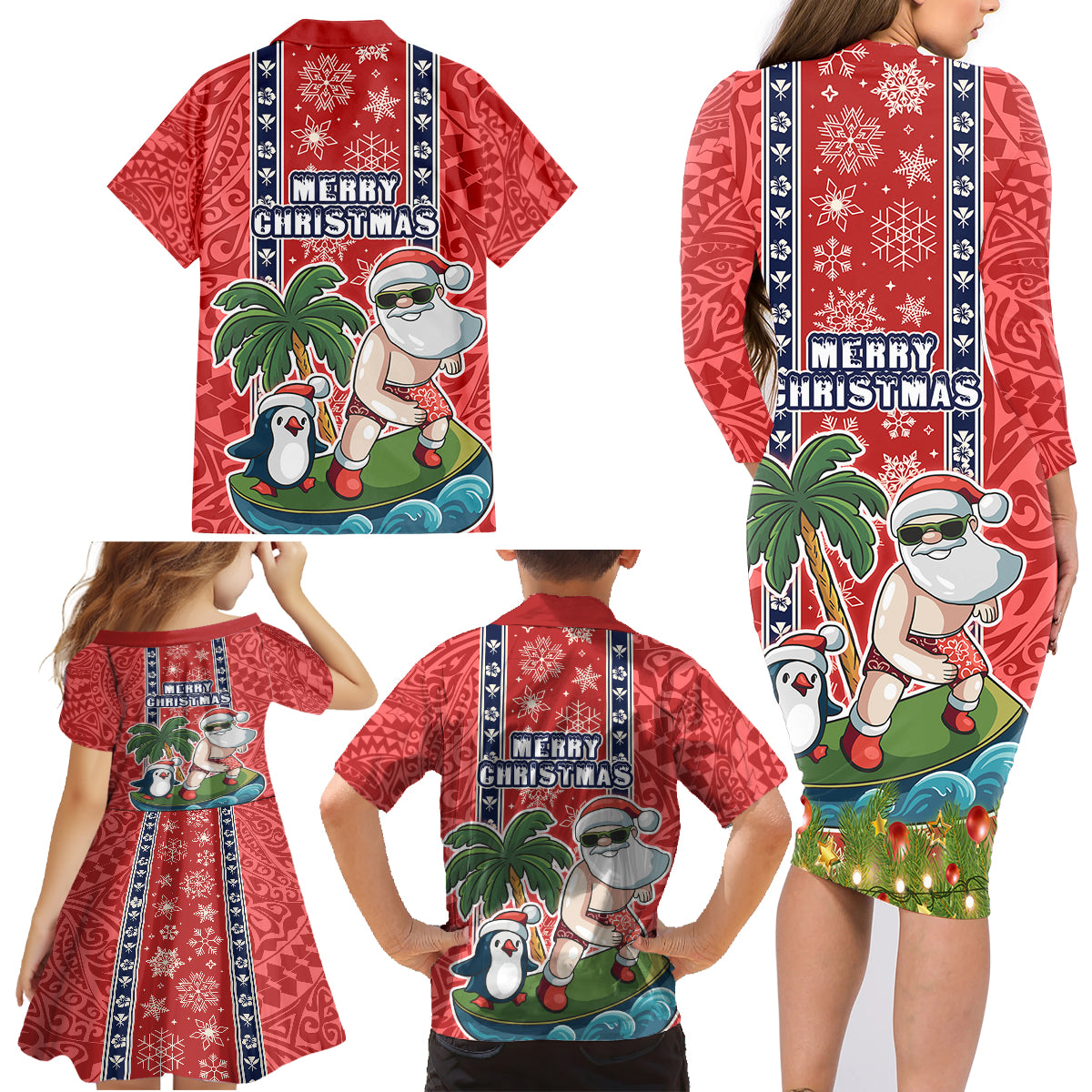 Hawaii Christmas Family Matching Long Sleeve Bodycon Dress and Hawaiian Shirt The Santa Surfing Hawaii Xmas Style LT03 - Polynesian Pride