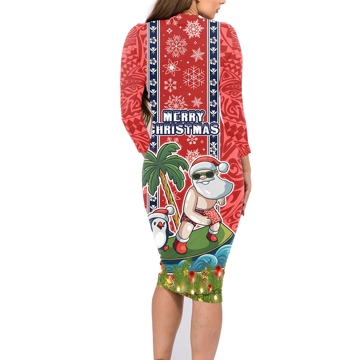 Hawaii Christmas Family Matching Long Sleeve Bodycon Dress and Hawaiian Shirt The Santa Surfing Hawaii Xmas Style LT03 - Polynesian Pride