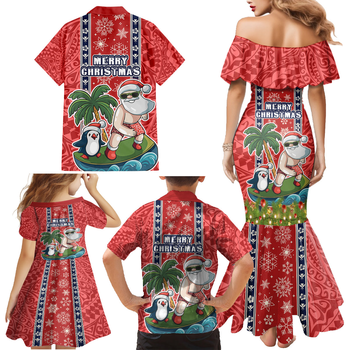 Hawaii Christmas Family Matching Mermaid Dress and Hawaiian Shirt The Santa Surfing Hawaii Xmas Style LT03 - Polynesian Pride