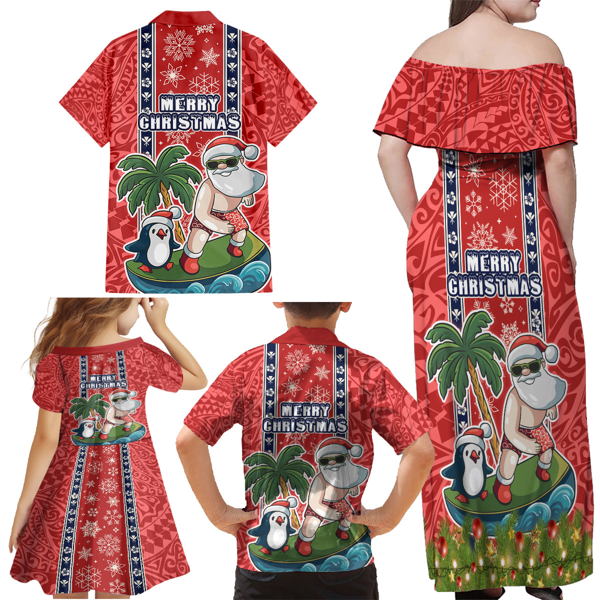 Hawaii Christmas Family Matching Off Shoulder Maxi Dress and Hawaiian Shirt The Santa Surfing Hawaii Xmas Style LT03 - Polynesian Pride
