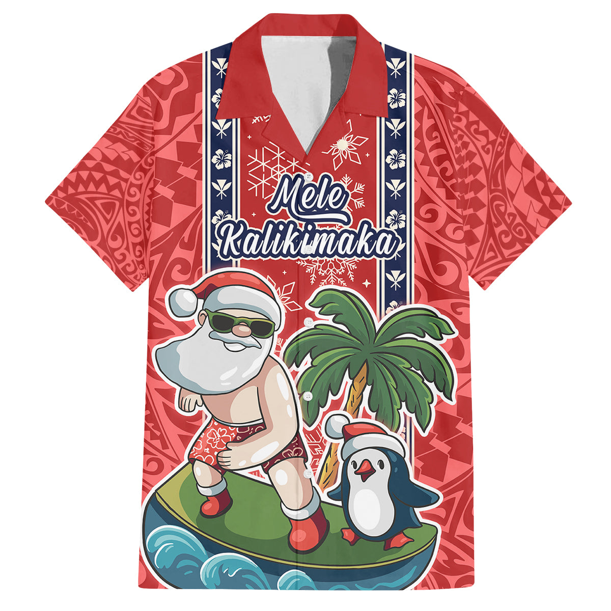 Hawaii Christmas Family Matching Off Shoulder Maxi Dress and Hawaiian Shirt The Santa Surfing Hawaii Xmas Style LT03 Dad's Shirt - Short Sleeve Red - Polynesian Pride