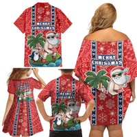 Hawaii Christmas Family Matching Off Shoulder Short Dress and Hawaiian Shirt The Santa Surfing Hawaii Xmas Style LT03 - Polynesian Pride