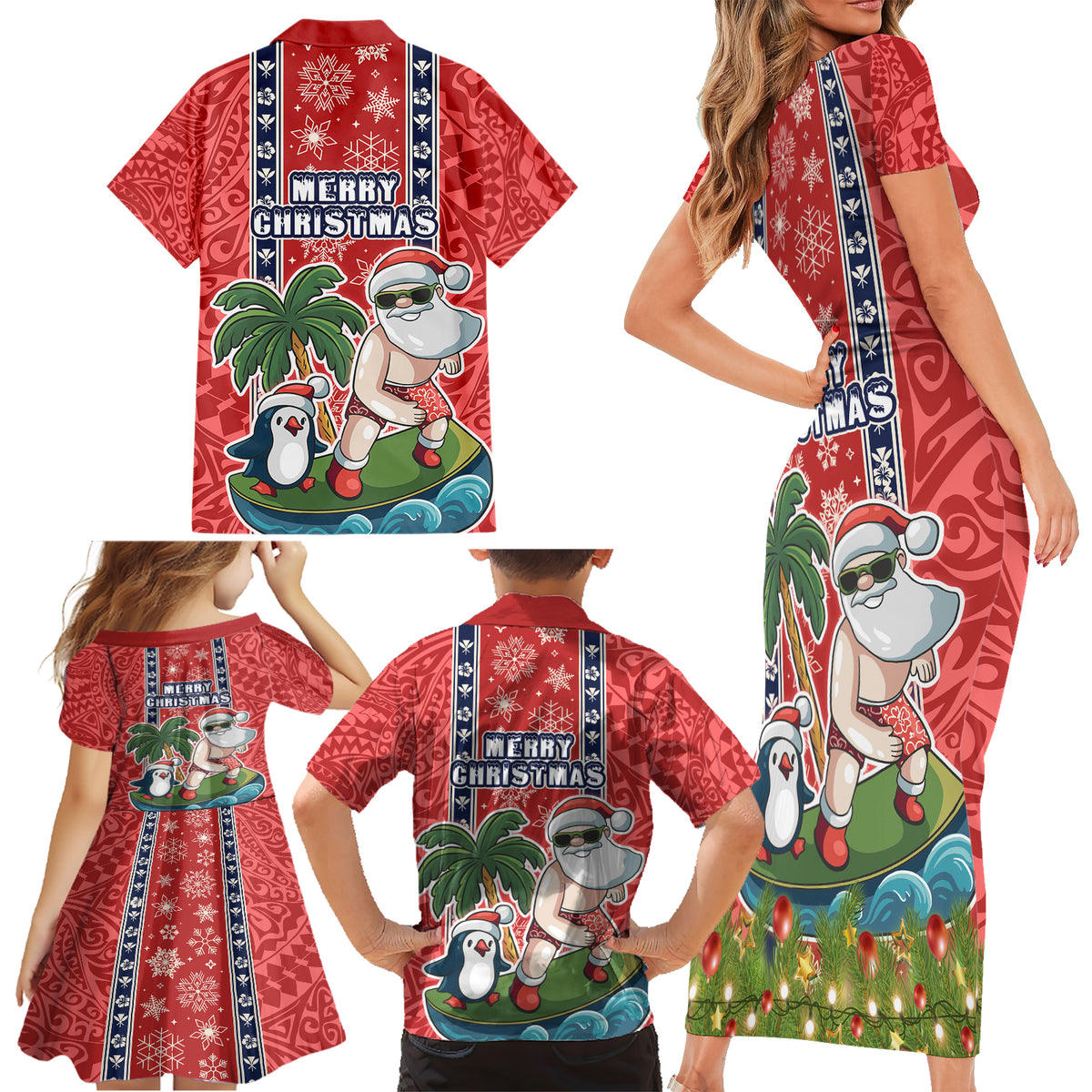 Hawaii Christmas Family Matching Short Sleeve Bodycon Dress and Hawaiian Shirt The Santa Surfing Hawaii Xmas Style LT03 - Polynesian Pride