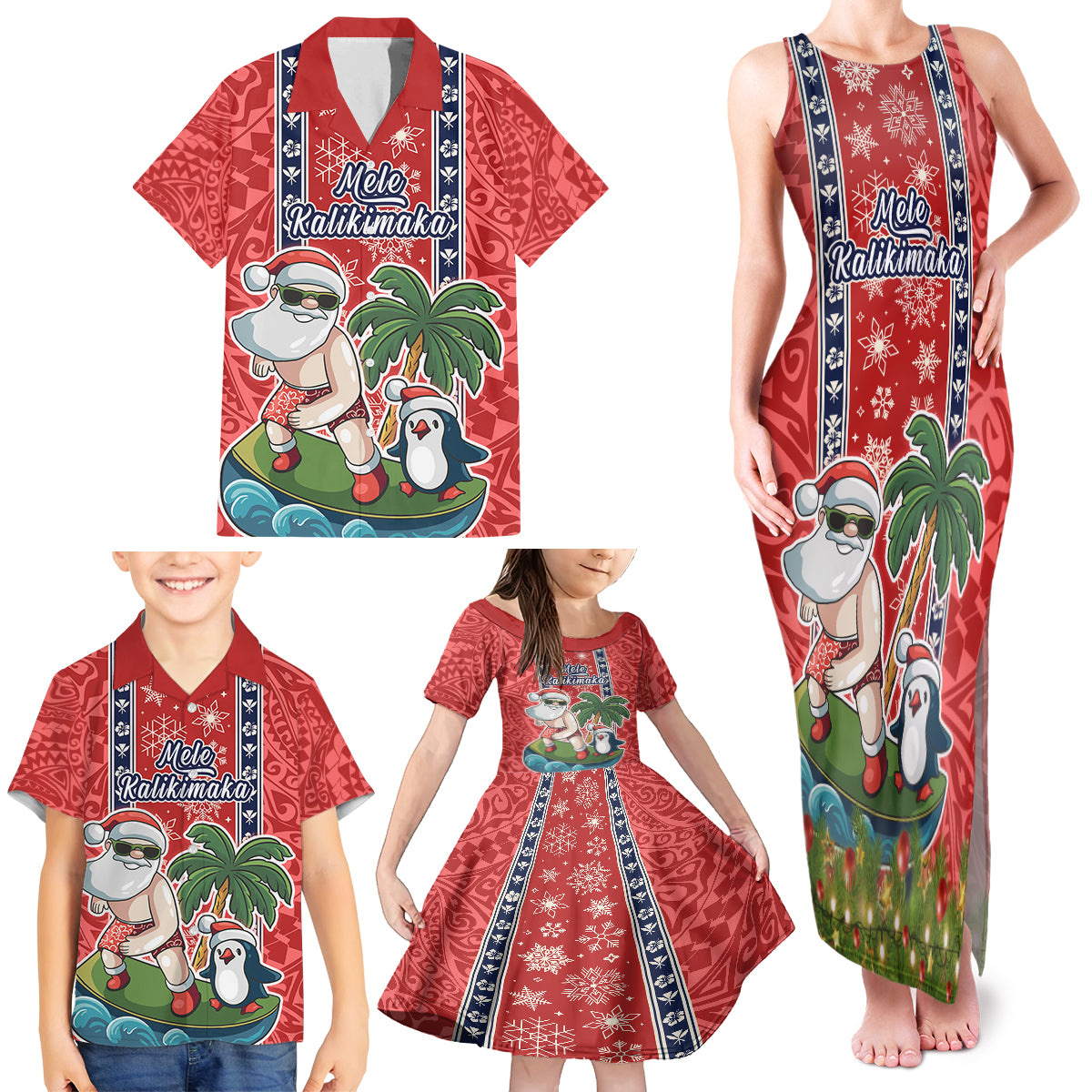 Hawaii Christmas Family Matching Tank Maxi Dress and Hawaiian Shirt The Santa Surfing Hawaii Xmas Style LT03 - Polynesian Pride