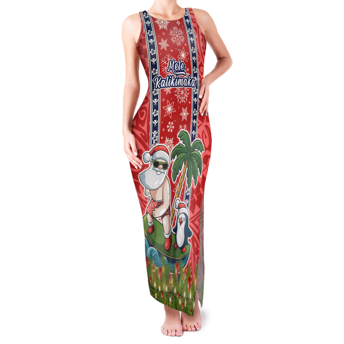 Hawaii Christmas Family Matching Tank Maxi Dress and Hawaiian Shirt The Santa Surfing Hawaii Xmas Style LT03 Mom's Dress Red - Polynesian Pride