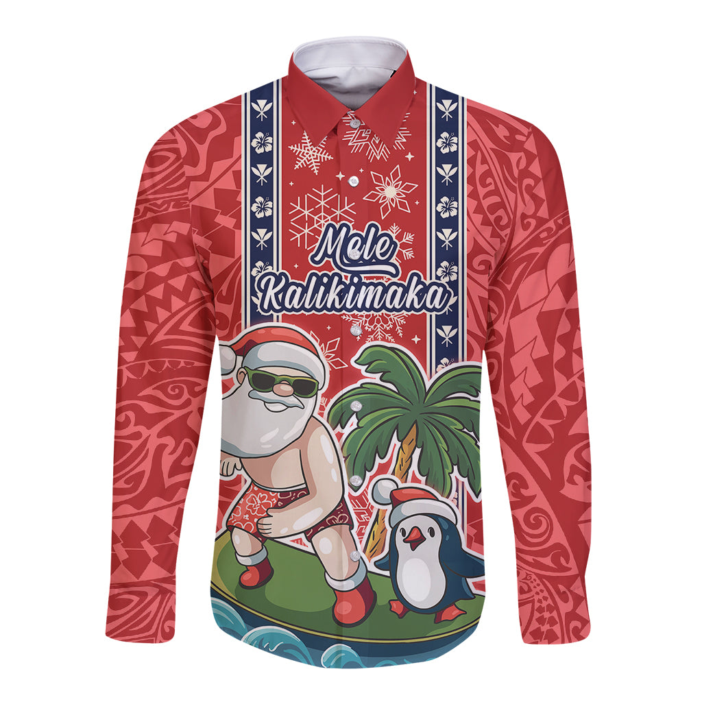 Hawaii Christmas Long Sleeve Button Shirt The Santa Surfing Hawaii Xmas Style LT03 Unisex Red - Polynesian Pride