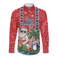Hawaii Christmas Long Sleeve Button Shirt The Santa Surfing Hawaii Xmas Style LT03 Unisex Red - Polynesian Pride