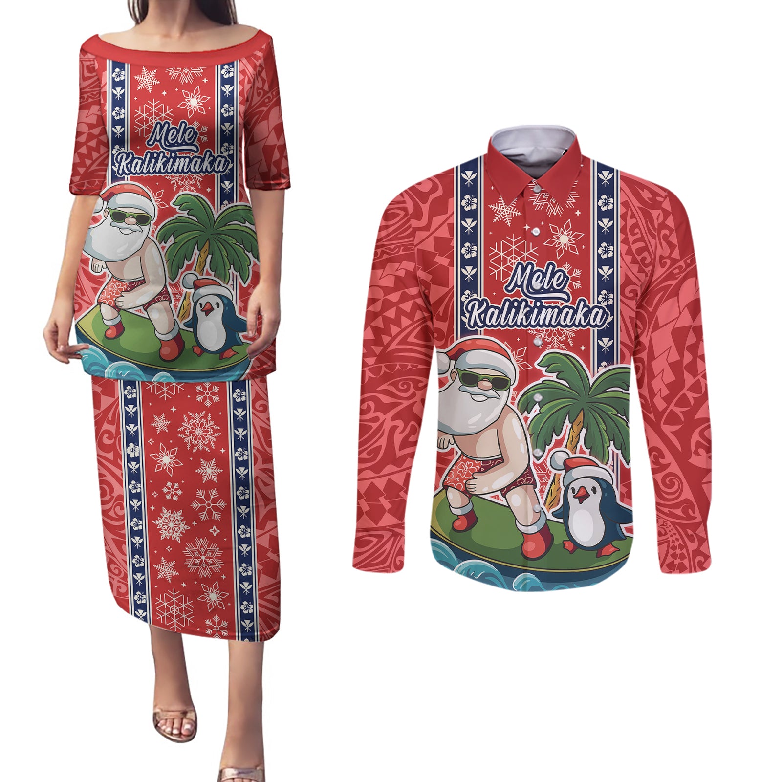 Custom Hawaii Christmas Couples Matching Puletasi Dress and Long Sleeve Button Shirts The Santa Surfing Hawaii Xmas Style LT03 Red - Polynesian Pride