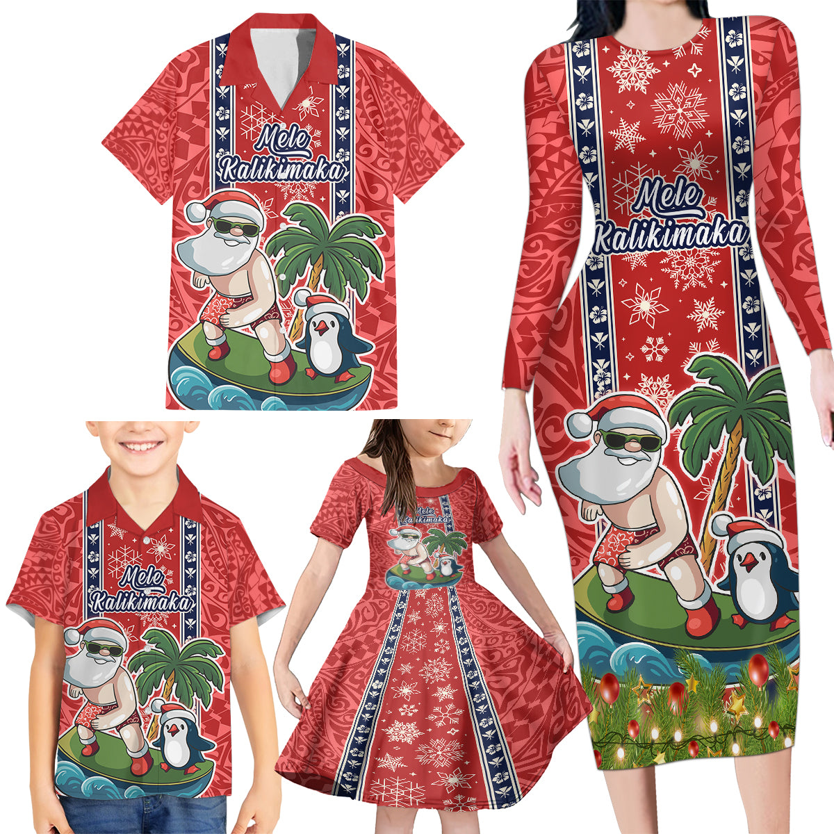 Custom Hawaii Christmas Family Matching Long Sleeve Bodycon Dress and Hawaiian Shirt The Santa Surfing Hawaii Xmas Style LT03 - Polynesian Pride
