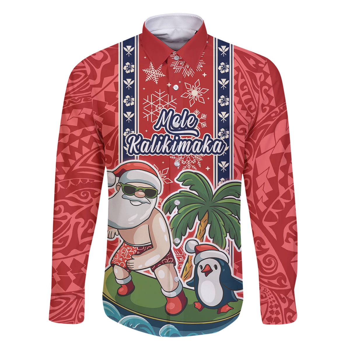 Custom Hawaii Christmas Family Matching Long Sleeve Bodycon Dress and Hawaiian Shirt The Santa Surfing Hawaii Xmas Style LT03 Dad's Shirt - Long Sleeve Red - Polynesian Pride