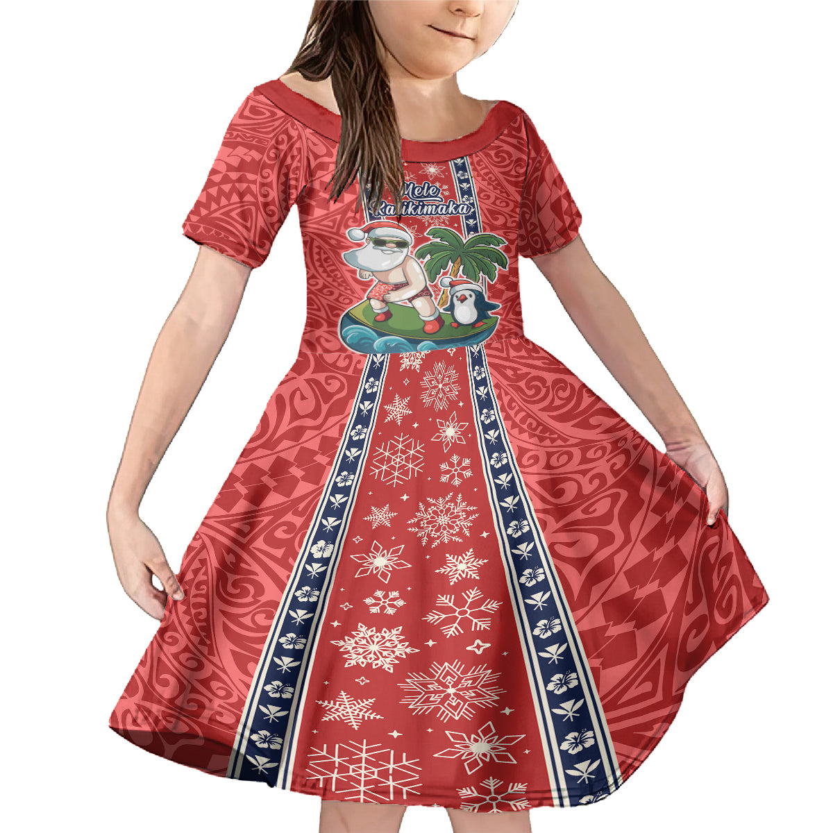 Custom Hawaii Christmas Family Matching Mermaid Dress and Hawaiian Shirt The Santa Surfing Hawaii Xmas Style LT03 Daughter's Dress Red - Polynesian Pride