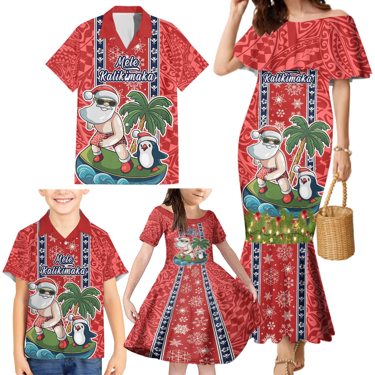 Custom Hawaii Christmas Family Matching Mermaid Dress and Hawaiian Shirt The Santa Surfing Hawaii Xmas Style LT03 - Polynesian Pride