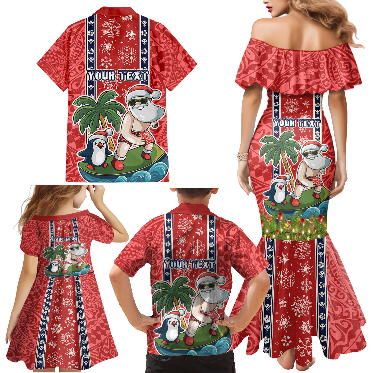 Custom Hawaii Christmas Family Matching Mermaid Dress and Hawaiian Shirt The Santa Surfing Hawaii Xmas Style LT03 - Polynesian Pride