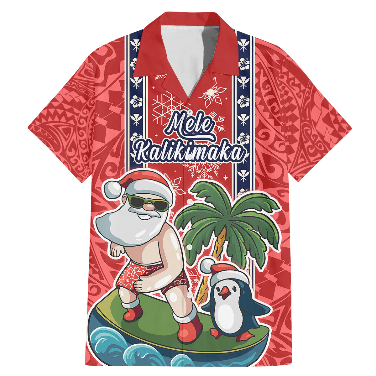 Custom Hawaii Christmas Family Matching Mermaid Dress and Hawaiian Shirt The Santa Surfing Hawaii Xmas Style LT03 Dad's Shirt - Short Sleeve Red - Polynesian Pride