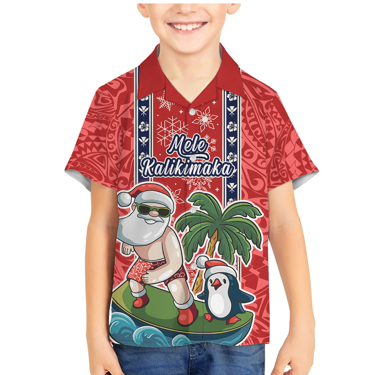 Custom Hawaii Christmas Family Matching Mermaid Dress and Hawaiian Shirt The Santa Surfing Hawaii Xmas Style LT03 Son's Shirt Red - Polynesian Pride