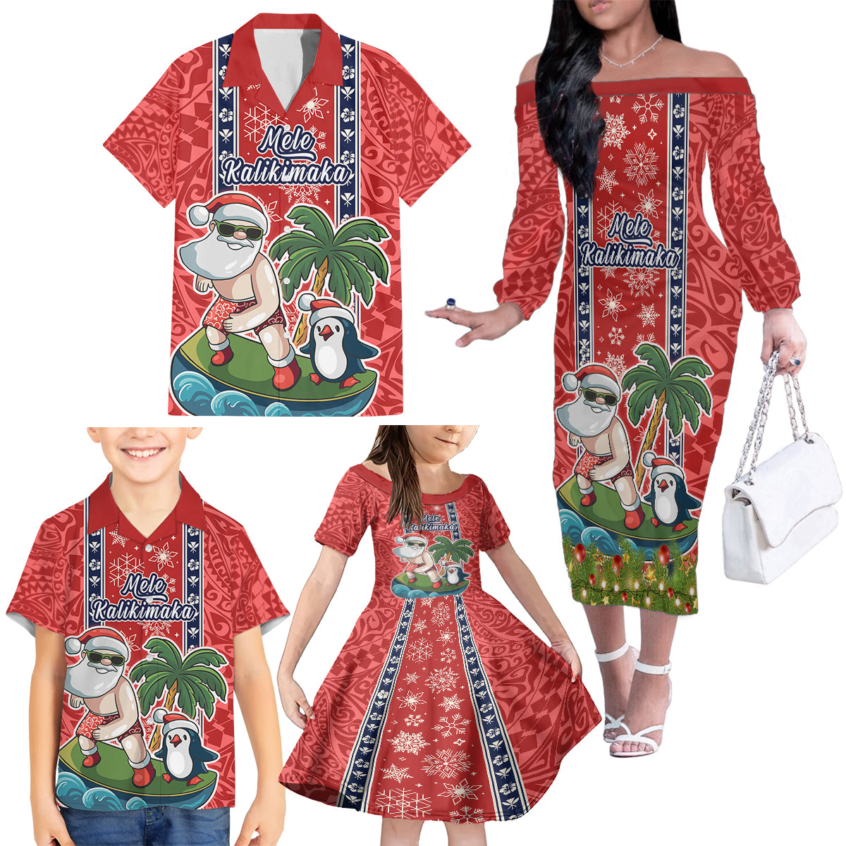 Custom Hawaii Christmas Family Matching Off Shoulder Long Sleeve Dress and Hawaiian Shirt The Santa Surfing Hawaii Xmas Style LT03 - Polynesian Pride