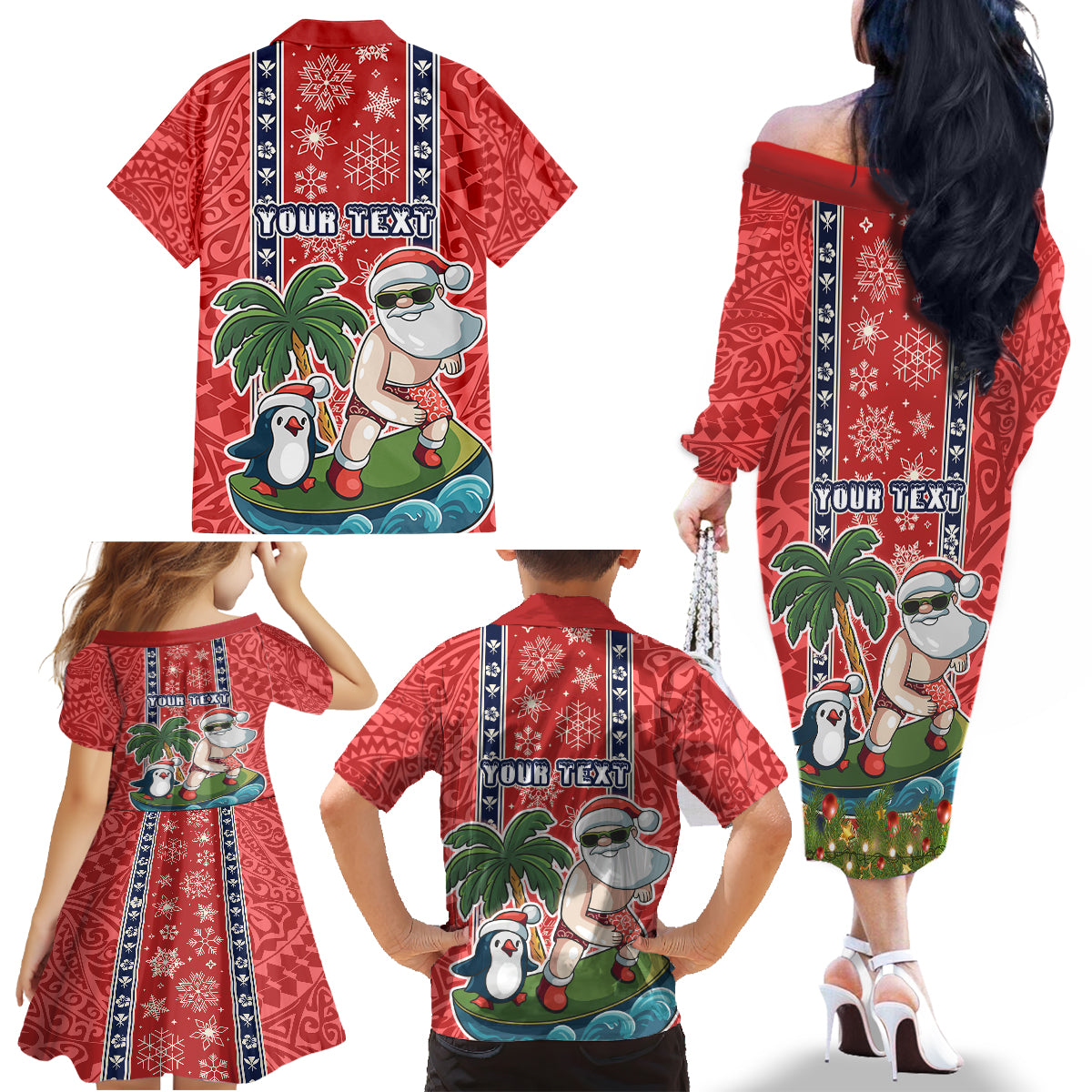 Custom Hawaii Christmas Family Matching Off Shoulder Long Sleeve Dress and Hawaiian Shirt The Santa Surfing Hawaii Xmas Style LT03 - Polynesian Pride