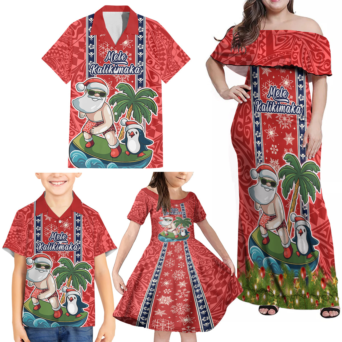 Custom Hawaii Christmas Family Matching Off Shoulder Maxi Dress and Hawaiian Shirt The Santa Surfing Hawaii Xmas Style LT03 - Polynesian Pride