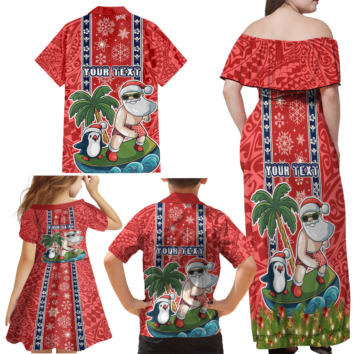 Custom Hawaii Christmas Family Matching Off Shoulder Maxi Dress and Hawaiian Shirt The Santa Surfing Hawaii Xmas Style LT03 - Polynesian Pride